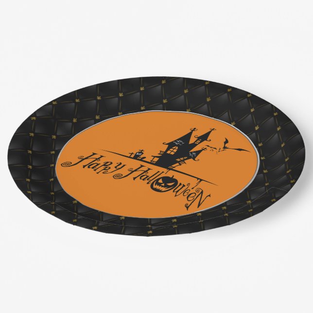 Plato De Papel Black Boarder Happy Halloween Haunty House (Angular)