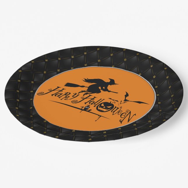 Plato De Papel Black Boarder Happy Halloween Witch And Bats (Angular)