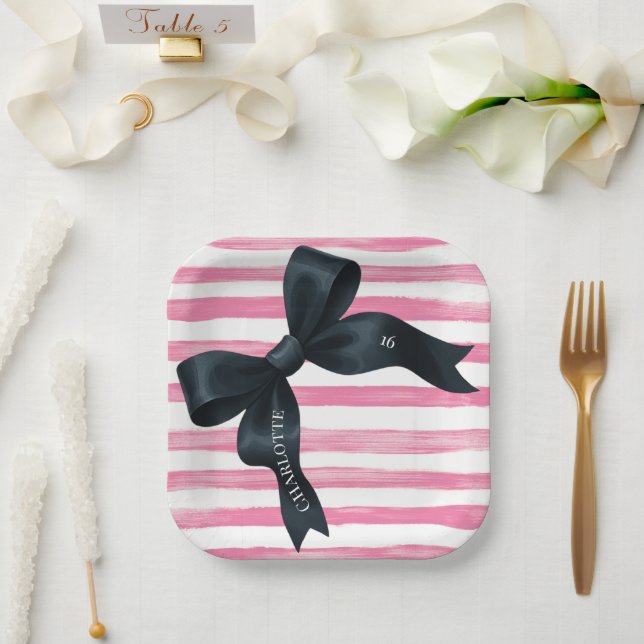 Plato De Papel Black Bow with Pink White Stripe Birthday (Boda)