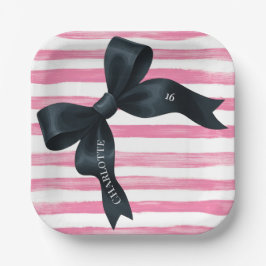 Plato De Papel Black Bow with Pink White Stripe Birthday