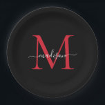 Plato De Papel Black Burgundy Red Monograma Moderno y Elegante Sc<br><div class="desc">Moderno y simple moda Negro Borgoña Marrón Rojo Monograma moderno Guión Femenino Nombre Placa de papel</div>