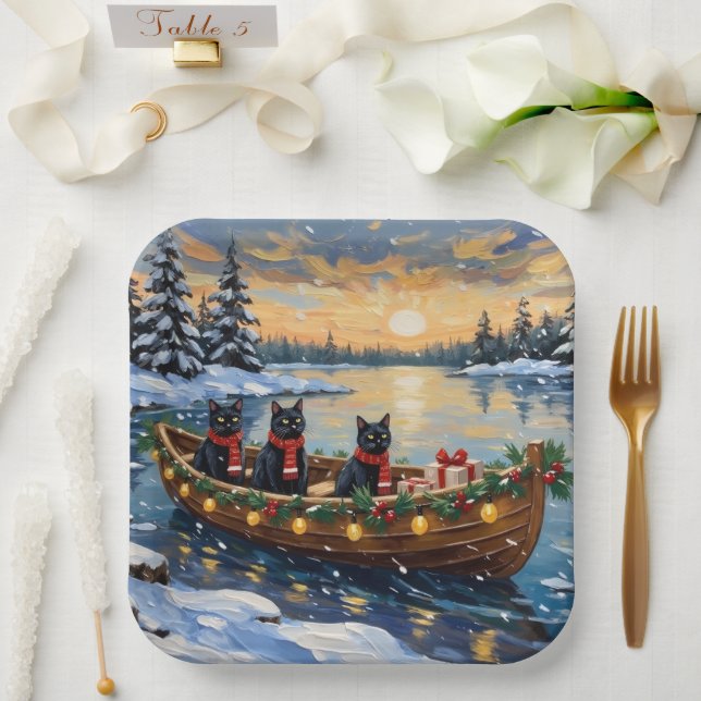 Plato De Papel Black Cat Christmas Boat Holiday (Boda)