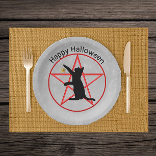 Plato De Papel Black Cat Gold Star Witch Red Pentagram Halloween