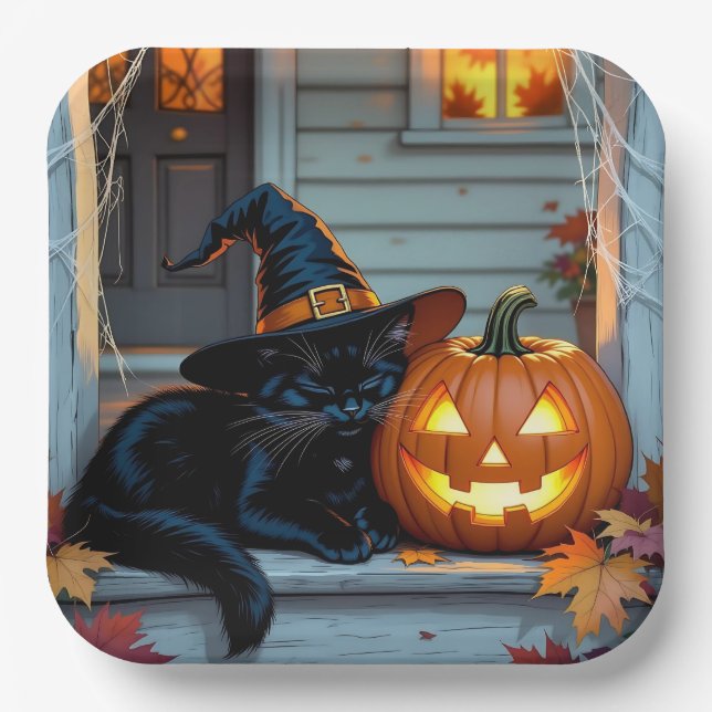 Plato De Papel Black Cat Napping on Pumpkin Halloween  (Anverso)