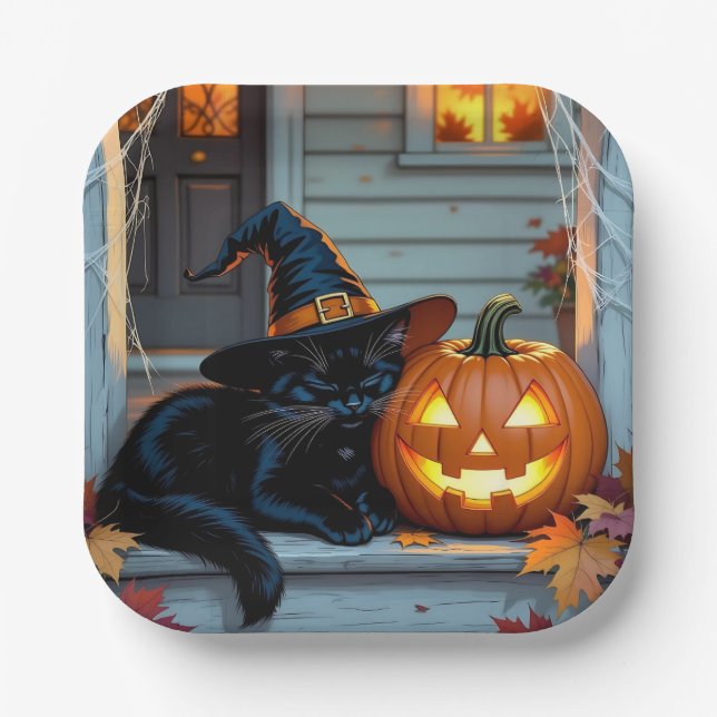 Plato De Papel Black Cat Napping on Pumpkin Halloween  (Anverso)