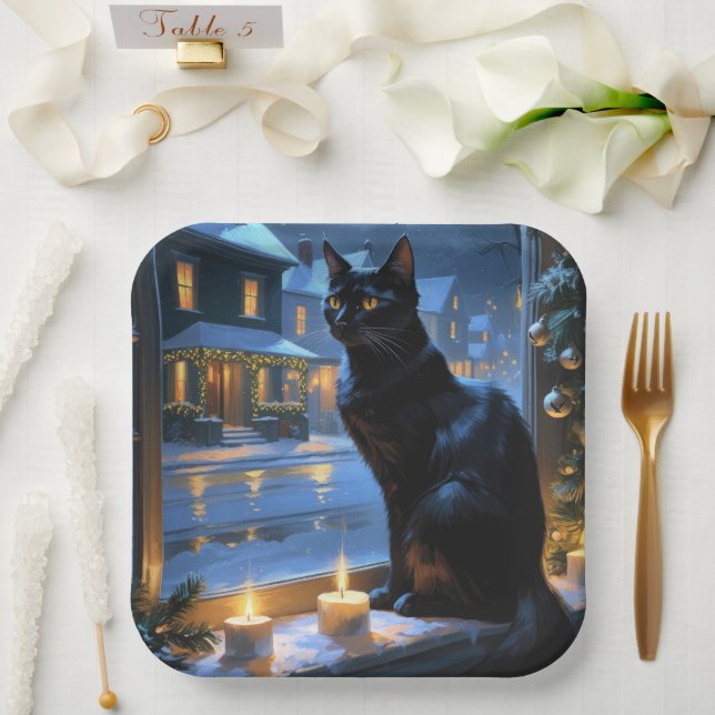 Plato De Papel Black Cat With Christmas Lights Holiday (Boda)