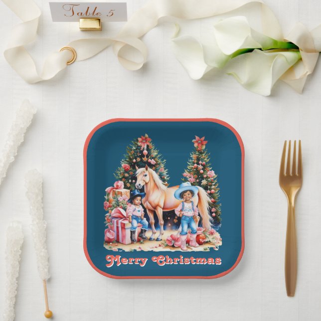 Plato De Papel Black Cowgirl Winter Scene Horse Merry Christmas (Boda)