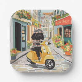 Plato De Papel Black Doodle Riding Scooter European City Streets