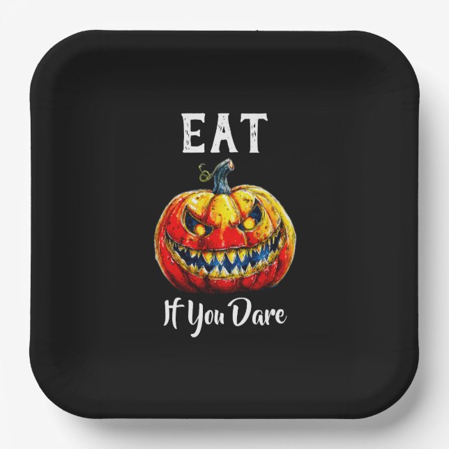 Plato De Papel Black Eat if you dare Halloween Smiling Pumpkin (Anverso)