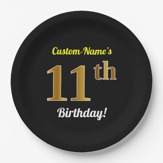Plato De Papel Black, Faux Gold 11th Birthday + Custom Name (Anverso)