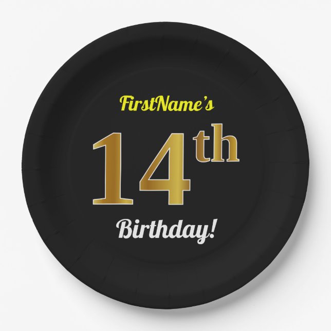 Plato De Papel Black, Faux Gold 14th Birthday + Custom Name (Anverso)