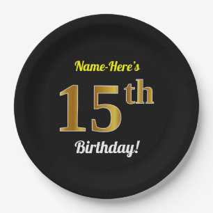Plato De Papel Black, Faux Gold 15th Birthday + Custom Name