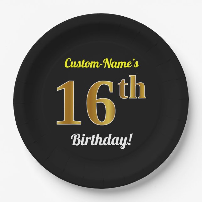 Plato De Papel Black, Faux Gold 16th Birthday + Custom Name (Anverso)