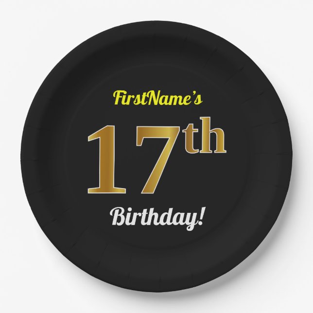 Plato De Papel Black, Faux Gold 17th Birthday + Custom Name (Anverso)