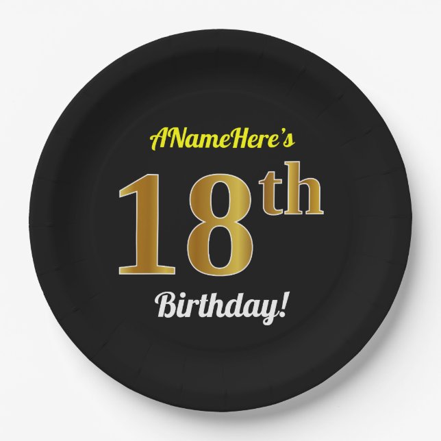 Plato De Papel Black, Faux Gold 18th Birthday + Custom Name (Anverso)
