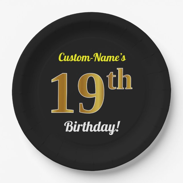 Plato De Papel Black, Faux Gold 19th Birthday + Custom Name (Anverso)