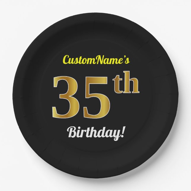 Plato De Papel Black, Faux Gold 35th Birthday + Custom Name (Anverso)
