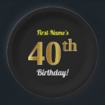 Plato De Papel Black, Faux Gold 40th Birthday   Custom Name<br><div class="desc">Este sencillo, personalizado diseño de placas de papel con temática de cumpleaños incluye un mensaje de personalizable como "¡Cumpleaños 40 del nombre de pila!", donde se puede cambiar el nombre, y con el "40" que tiene un aspecto falso/imitación dorado. También tiene un fondo de color negro. Las placas de papel...</div>