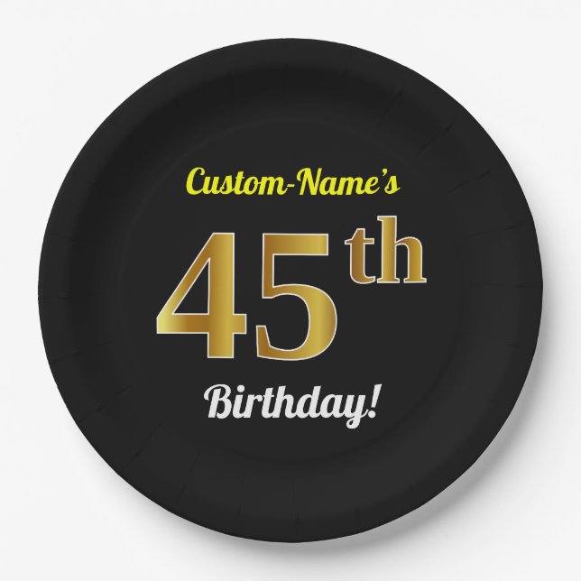 Plato De Papel Black, Faux Gold 45th Birthday + Custom Name (Anverso)