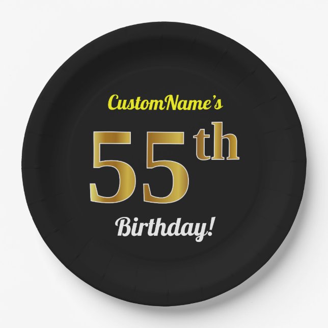 Plato De Papel Black, Faux Gold 55th Birthday + Custom Name (Anverso)