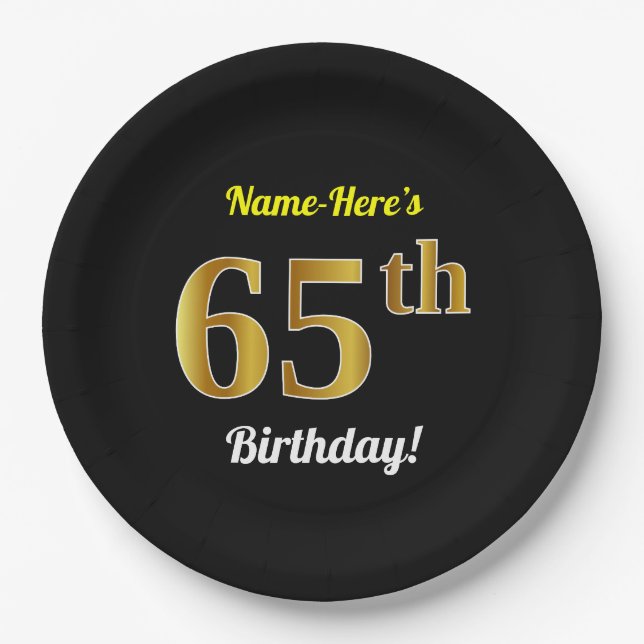Plato De Papel Black, Faux Gold 65th Birthday + Custom Name (Anverso)