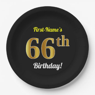 Plato De Papel Black, Faux Gold 66th Birthday + Custom Name
