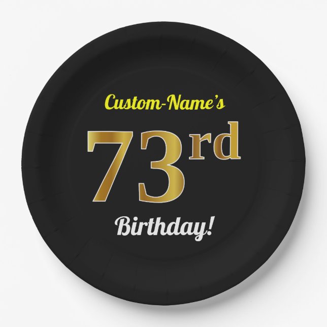 Plato De Papel Black, Faux Gold 73rd Birthday + Custom Name (Anverso)