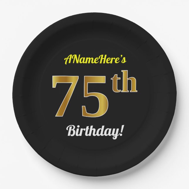 Plato De Papel Black, Faux Gold 75th Birthday + Custom Name (Anverso)