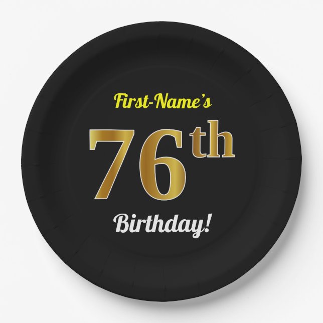 Plato De Papel Black, Faux Gold 76th Birthday + Custom Name (Anverso)