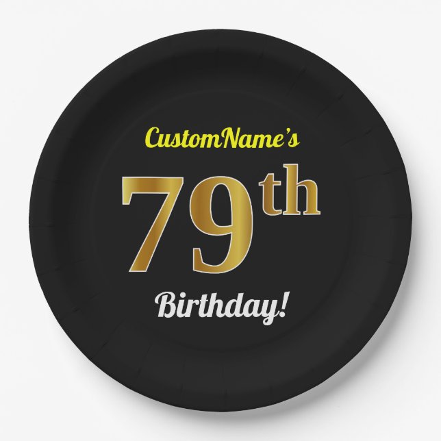 Plato De Papel Black, Faux Gold 79th Birthday + Custom Name (Anverso)