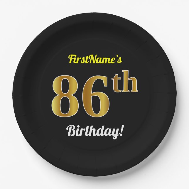 Plato De Papel Black, Faux Gold 86th Birthday + Custom Name (Anverso)