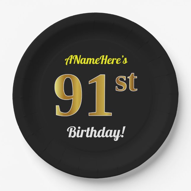 Plato De Papel Black, Faux Gold 91st Birthday + Custom Name (Anverso)