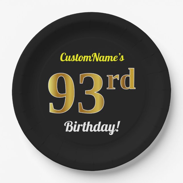 Plato De Papel Black, Faux Gold 93rd Birthday + Custom Name (Anverso)