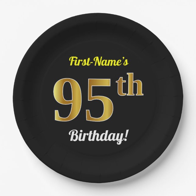 Plato De Papel Black, Faux Gold 95th Birthday + Custom Name (Anverso)