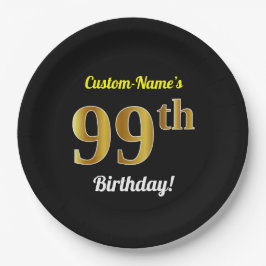 Plato De Papel Black, Faux Gold 99th Birthday + Custom Name