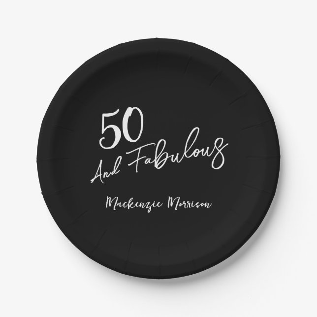 Plato De Papel Black Fifty and Fabulous Script Birthday (Anverso)