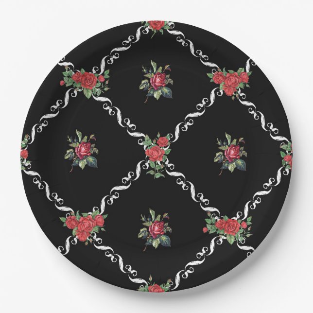 Plato De Papel Black Floral and Lattice Sweet Valentine (Anverso)