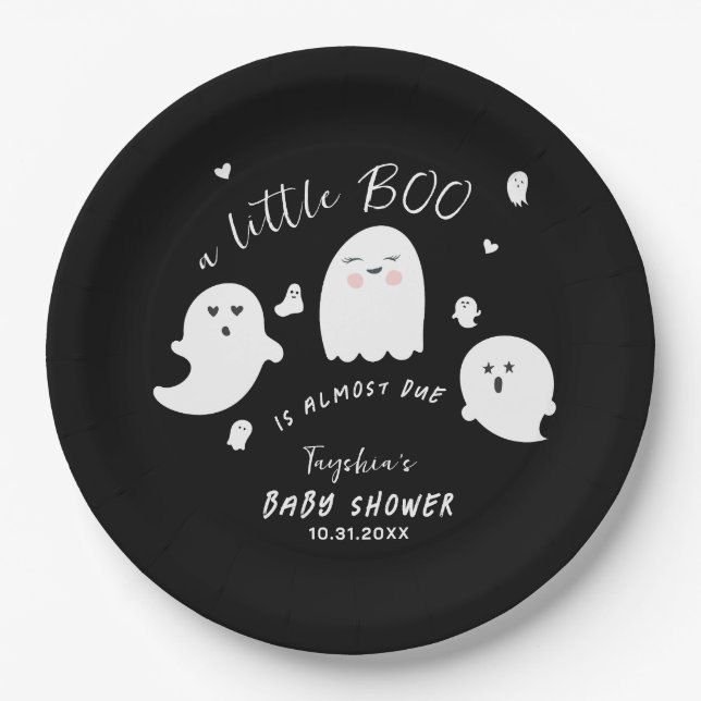 Plato De Papel Black Ghost Little Boo Halloween Baby Shower (Anverso)
