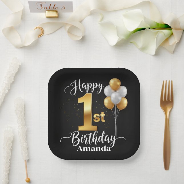 Plato De Papel Black Gold Balloons 1st Birthday Paper Plate (Boda)
