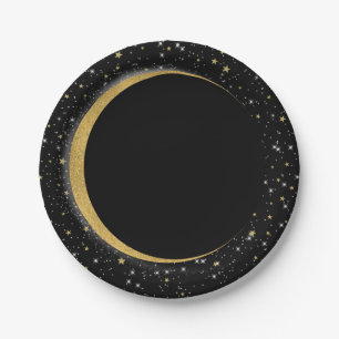 Plato De Papel Black & Gold Celestial Moon Stars Lunar Magic