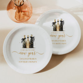 Plato De Papel Black Gold Champagne Cheers New Years Eve Party