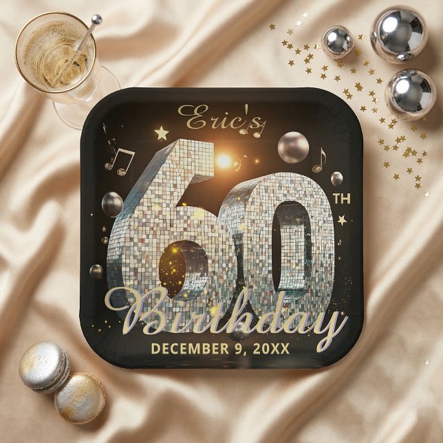 Plato De Papel Black Gold Disco Ball Music Notes 60th Birthday (Subido por el creador)