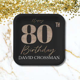 Plato De Papel Black & Gold Elegant Glitter 80th Birthday