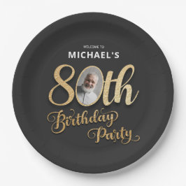 Plato De Papel Black Gold Foil Custom Photo 80th Birthday