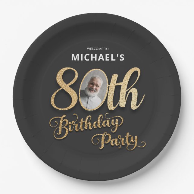 Plato De Papel Black Gold Foil Custom Photo 80th Birthday  (Anverso)