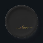 Plato De Papel Black Gold Girly Script Monograma Nombre moderno<br><div class="desc">Monograma dorado y negro Añade tus propias placas de Fiesta de guión de nombre. Esto hace que el dulce perfecto cumpleaños 16,  boda,  ducha de novia,  aniversario,  ducha de bebé o fiesta de soltera sea regalo para alguien que ama el lujo glam y los estilos de moda.</div>