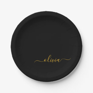 Plato De Papel Black Gold Girly Script Monograma Nombre moderno