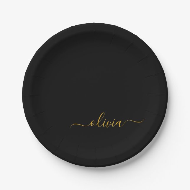 Plato De Papel Black Gold Girly Script Monograma Nombre moderno (Anverso)