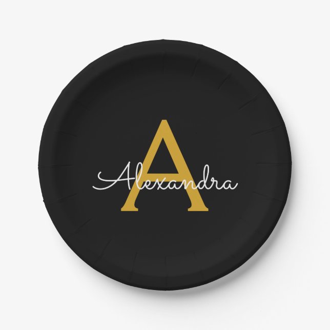 Plato De Papel Black Gold Girly Script Monograma Nombre moderno (Anverso)