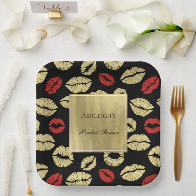 Plato De Papel Black Gold Glam Lips Bridal Shower (Boda)